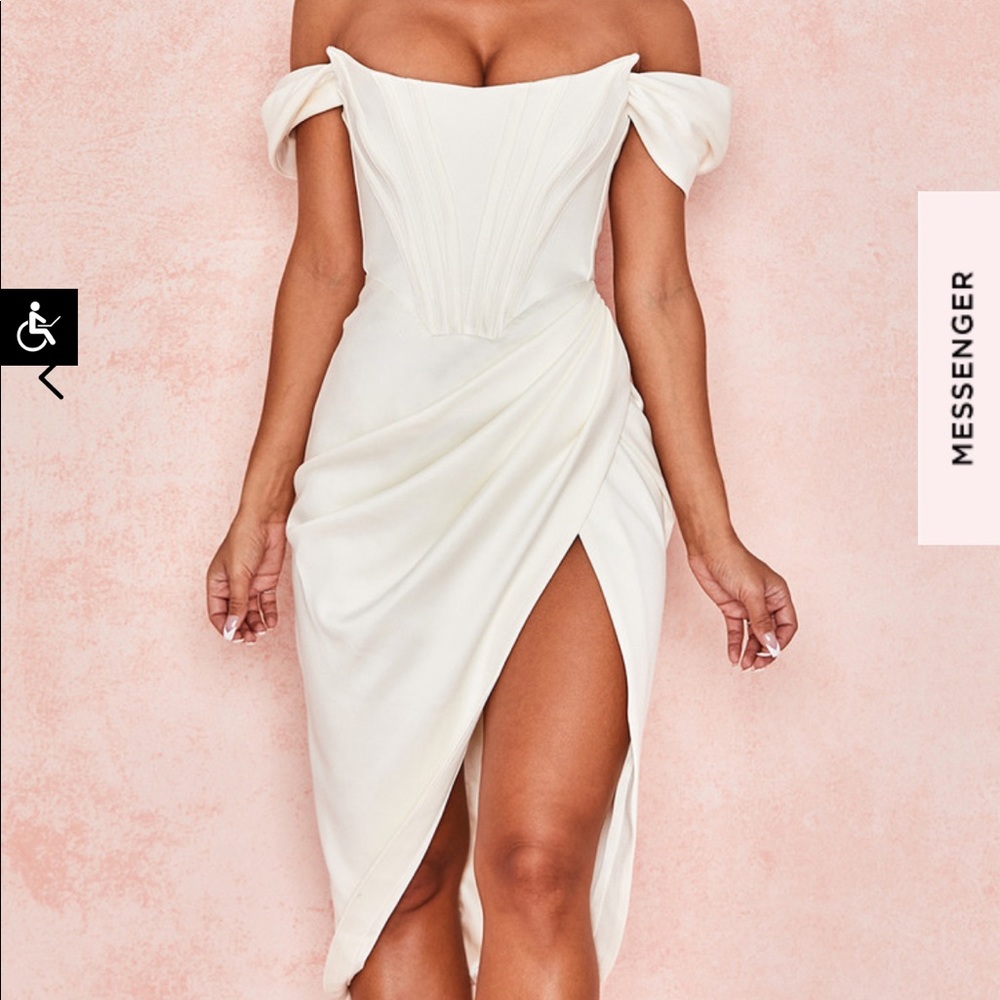 HOUSE OF CB LORETTA IVORY SATIN OFF SHOULDER DRESS